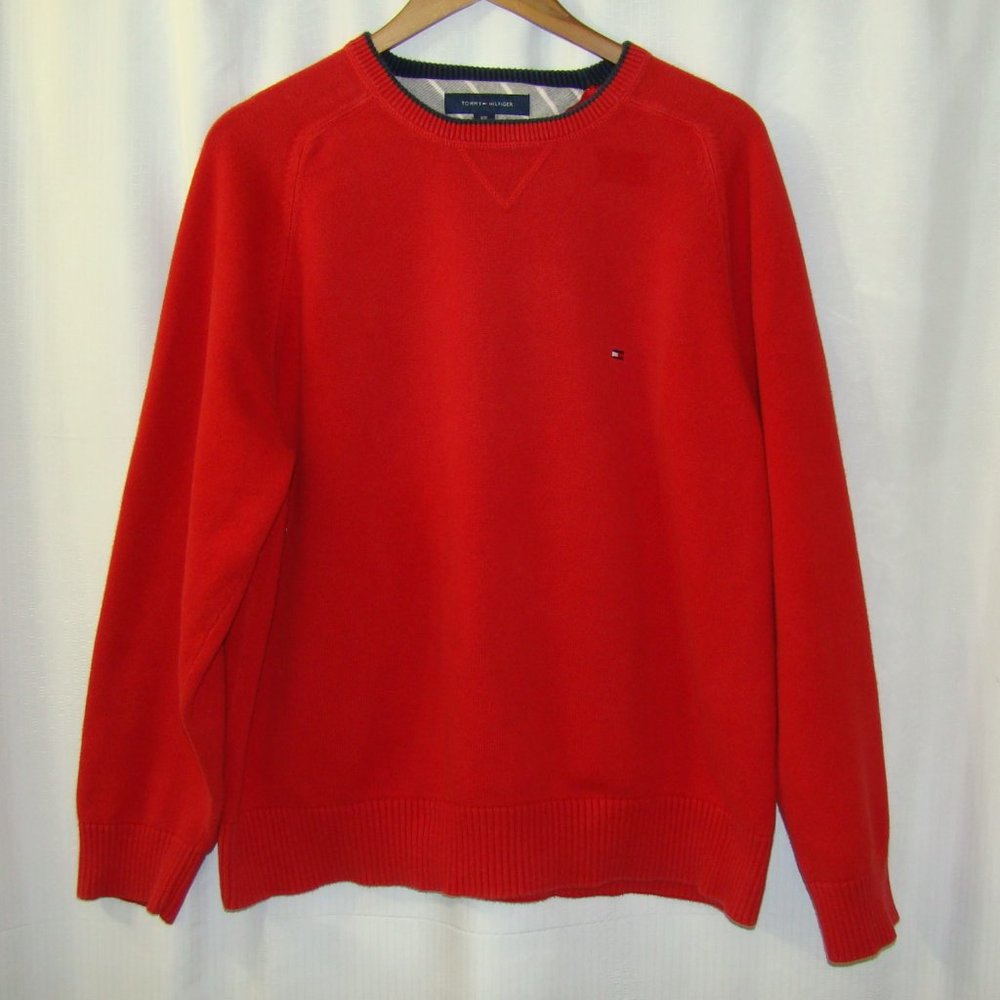 Tommy Hilfiger Men's Red Crewneck Raglan Sweater Embroidered Flag Logo XXL 2008